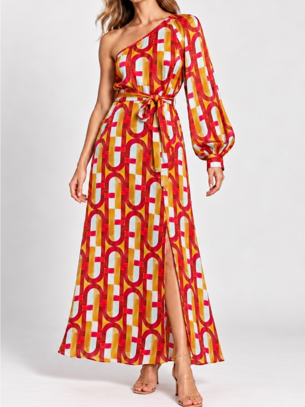 FRNCH One-Shoulder Red Geometric Maxi Dress XL NWT